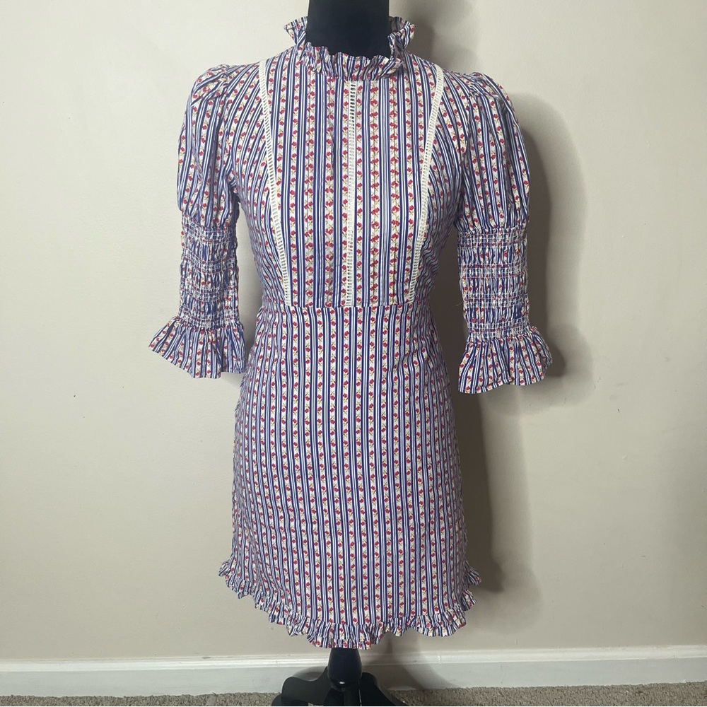 Laura Ashley x Urban Outfitters Floral Mock Neck Smocked Ruffle Mini Dress Sz XS - Picture 2 of 16